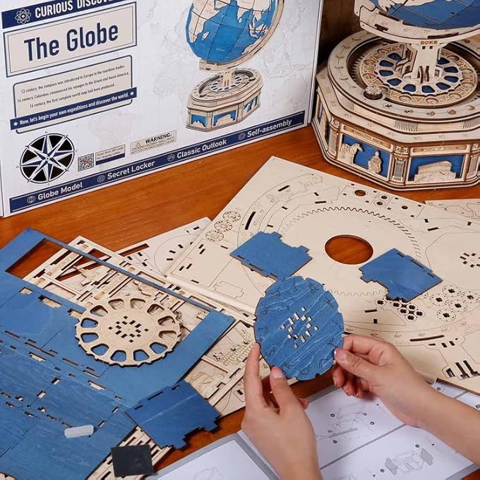 3D WOODEN GLOBE MODEL GEOGRAPHICAL SCIENCE MECHANICAL ASSEMBLY BUILDING SET FOR ADULTS (567 PIECES) 12.8X11.5X20.5IN - Image 2